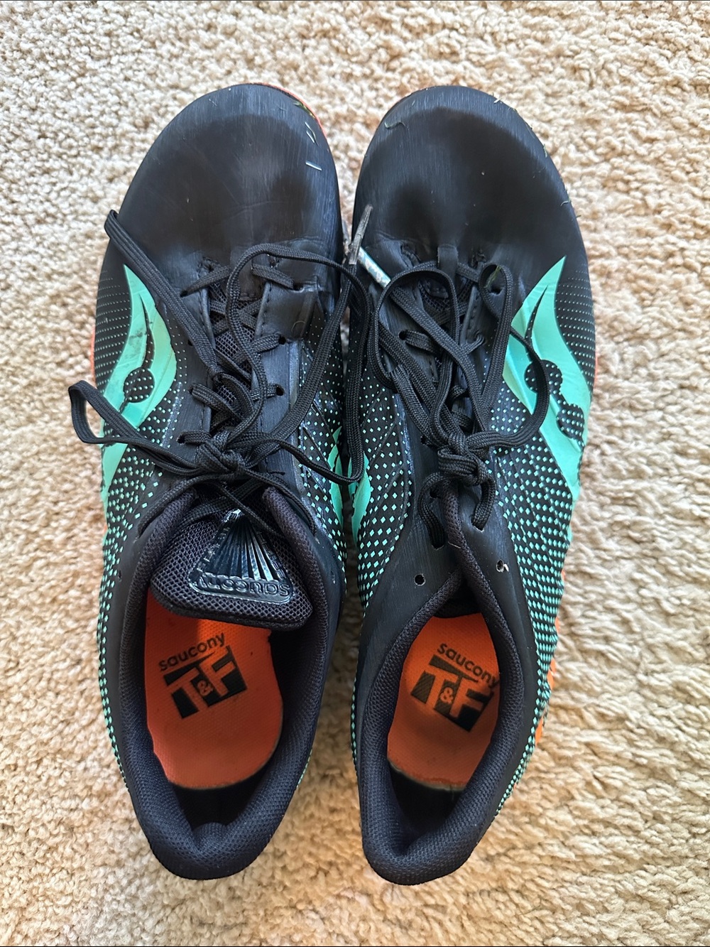 Saucony Black and Teal Track Spikes  with Orange Insoles